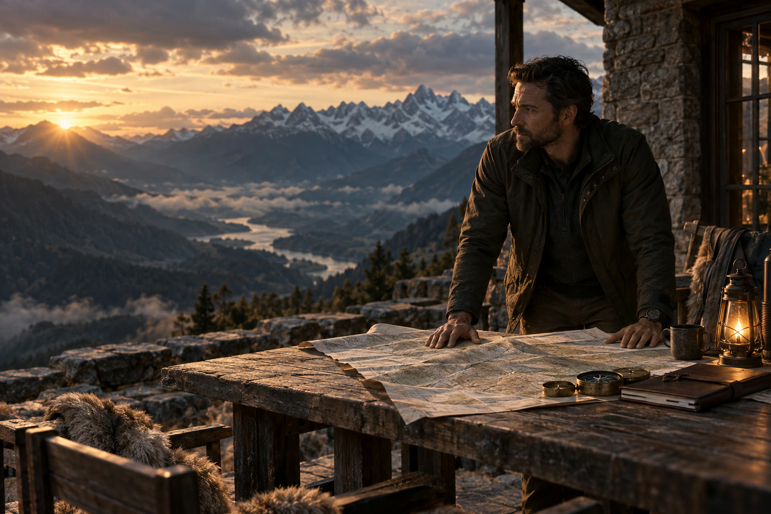 A founder studying a field map with a mountain rising beyond it
