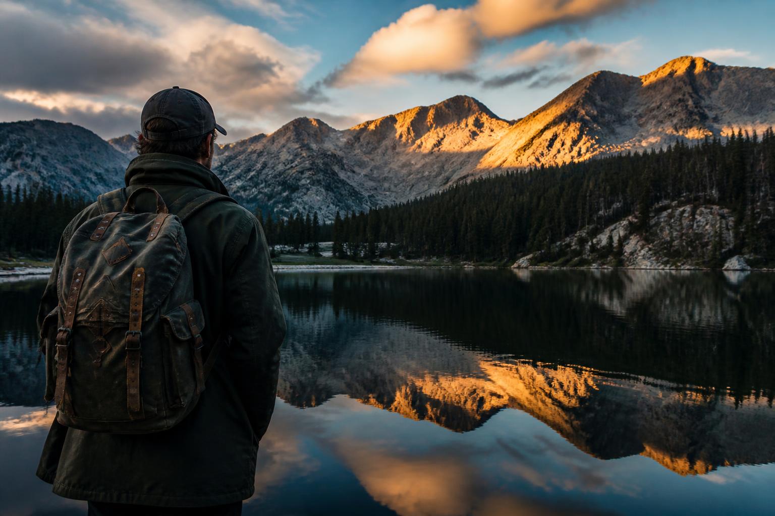 A founder standing at the edge of an alpine lake, looking toward a lit mountain range at dawn